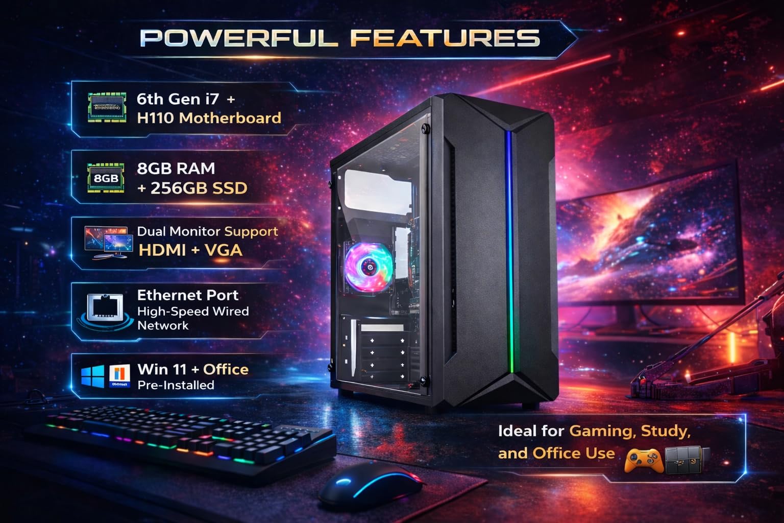 Quad i7-6700 Core with CPU Desktop Assembled GTX-1050 8Gb i7-6700 core ゲーミングPC Core (I7-6th 3.40Ghz Windowsデスクトップ